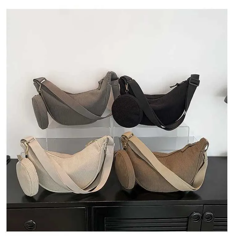 Borsa a tracolla casual in velluto a coste da donna Hobos, semplice, tinta unita, borsa a tracolla da donna, versatile, da pendolare_voghion.com