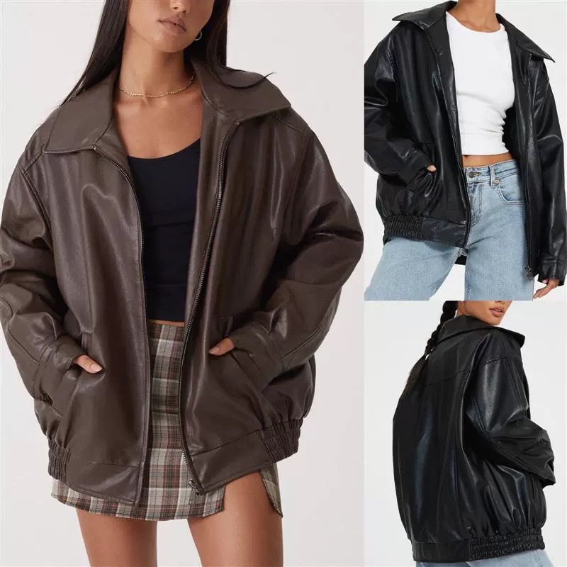 Women's PU Leather Jacket Oversized Biker Coat With Lapel & Elastic Waist - Streetwear Fashion For Autumn & Spring