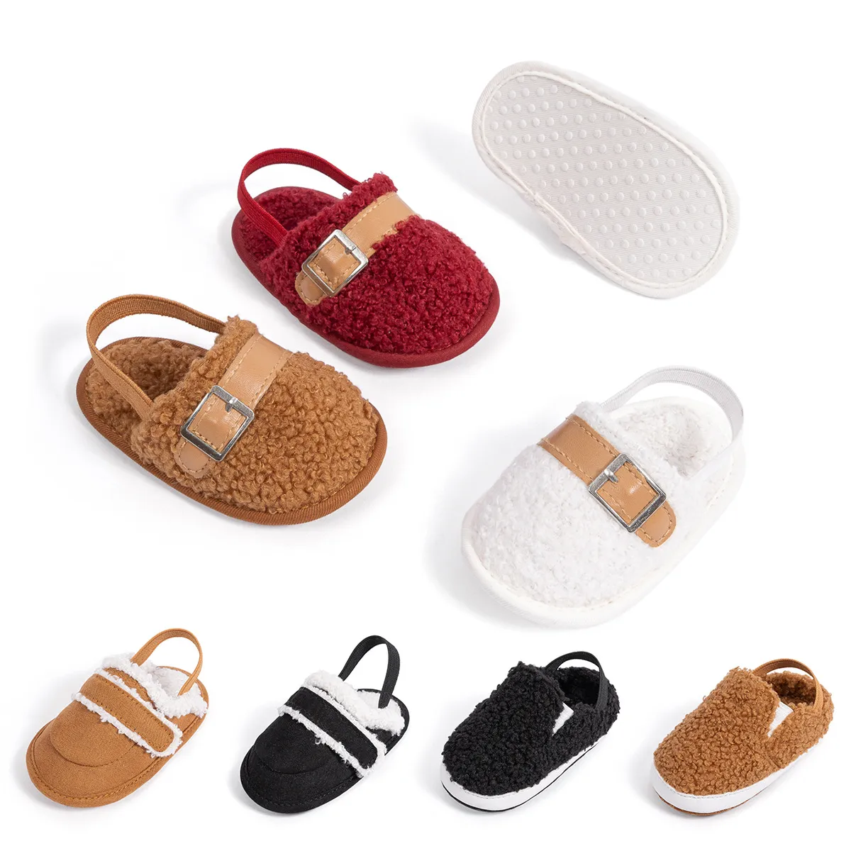 Fluffy Baby Slides Slippers Soft Plush Warm Hoop and Loop Elastic Band for Toddlers Infant Winter House Home Indoor_voghion.com