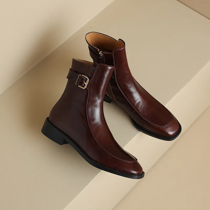 2024 New Autumn Square Toe Low Heel Women Shoes Genuine Brown Ankle Block Retro Leather Boots 3d39_voghion.com