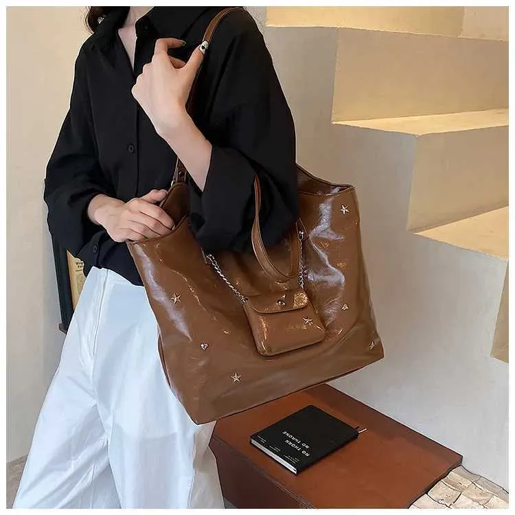 Sacs à bandoulière en cuir PU solide pour femmes, sacs de loisirs de grande capacité pour les déplacements féminins, sacs sous les bras avec étoiles et appliques, poignée_voghion.com