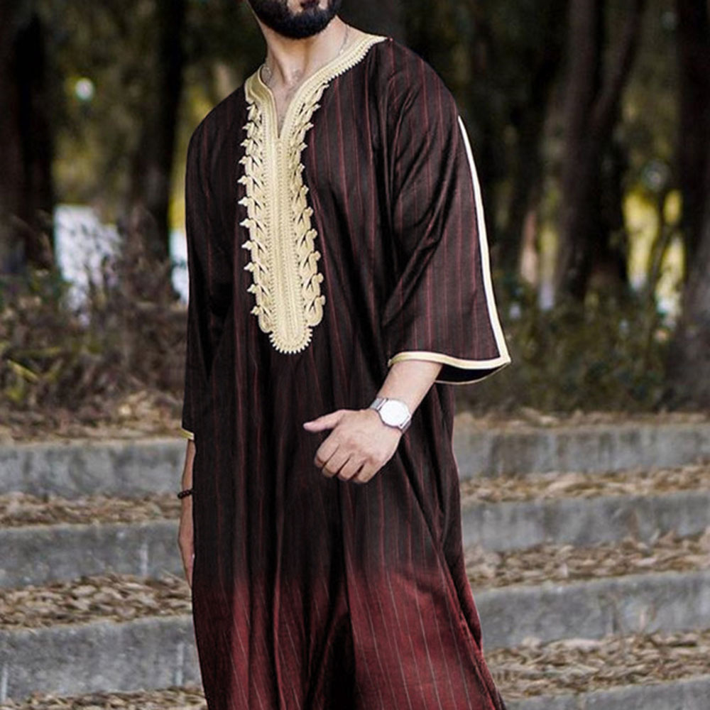 Macacão masculino Muslim Toga solto casual com decote em V e manga média_voghion.com