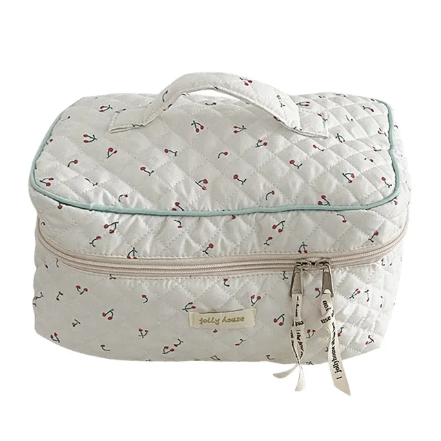 Trousse de toilette coréenne mignonne, portable, zippée, organiseur de voyage, trousse de maquillage matelassée, grande capacité, imprimé floral, pour femmes_voghion.com