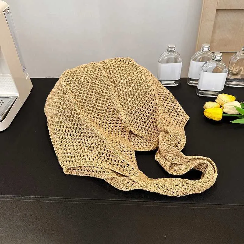 Womens crochet handbag mesh beach large capacity fashionable knitted shoulder solid color simple shopping bag Y241011_voghion.com