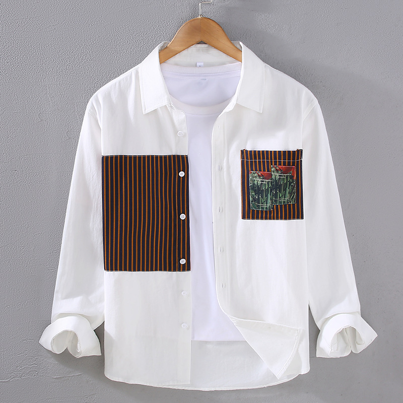 Chemise décontractée à manches longues en pur coton de couleur contrastée pour hommes, chemise de travail polyvalente tendance pour hommes, ample et élégante, pour le printemps et l'automne