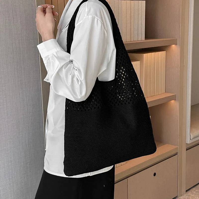 Borse a tracolla di grande capacità, alla moda, da donna, in tessuto cavo all'uncinetto, borse a mano, ecologiche, per la spesa._voghion.com