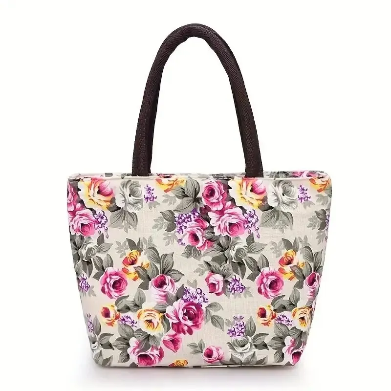 Mini-Handtasche mit Blumendruck, Schultertasche aus Canvas im Ethno-Stil, große Handtasche für Frauen_voghion.com
