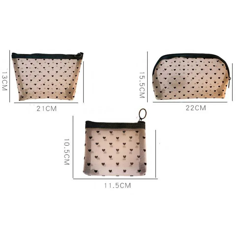 Trousse de maquillage noire en maille transparente en forme de cœur, indispensable pour les organisateurs de voyage pour femmes, petite trousse de maquillage Y241023_voghion.com