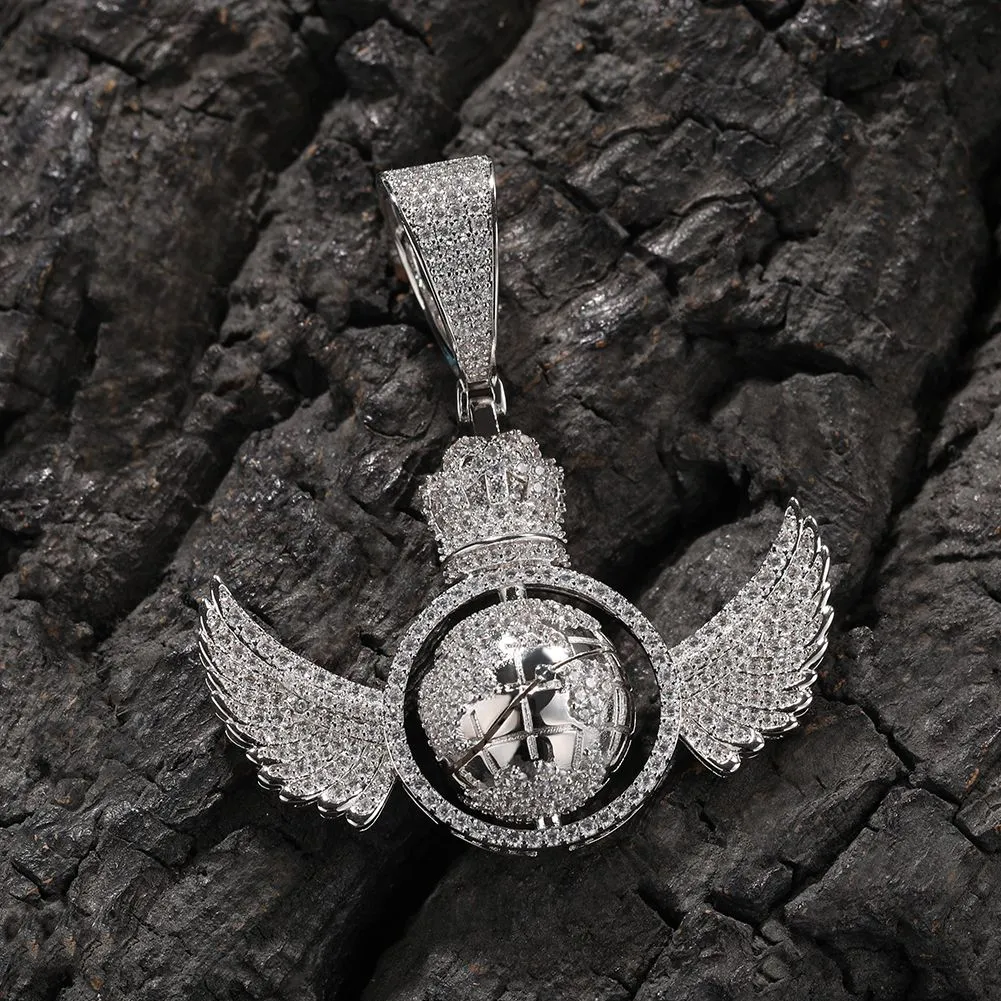 Hip Hop Engelsflügel drehen den Globus Anhänger Halskette voller 5A Zirkon echt vergoldet Schmuck_voghion.com