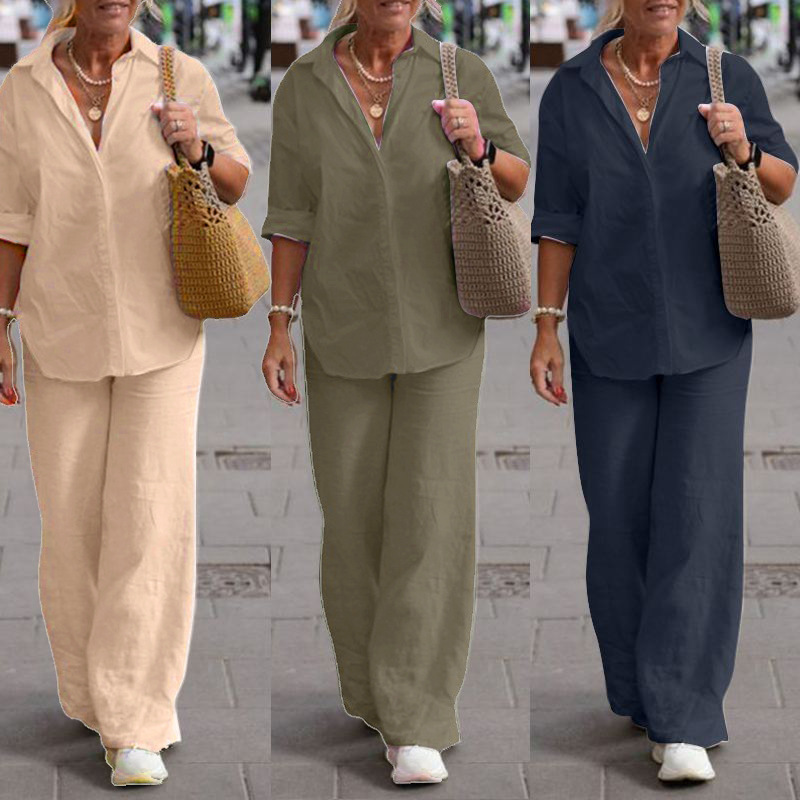 Women's Clothing women's two piece set women's lapel long sleeved shirt spring and autumn casual solid color pants wide leg suit