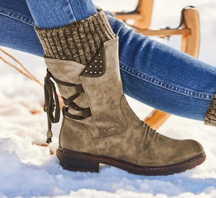 Women Retro Mid-Calf Ladies Fashion Snow Boots Shoes Thigh High Suede Warm Botas Wool knitted socks Martin shoes_voghion.com