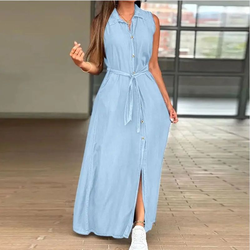 women's clothing temperament casual lapel sleeveless waist tie denim dress_voghion.com