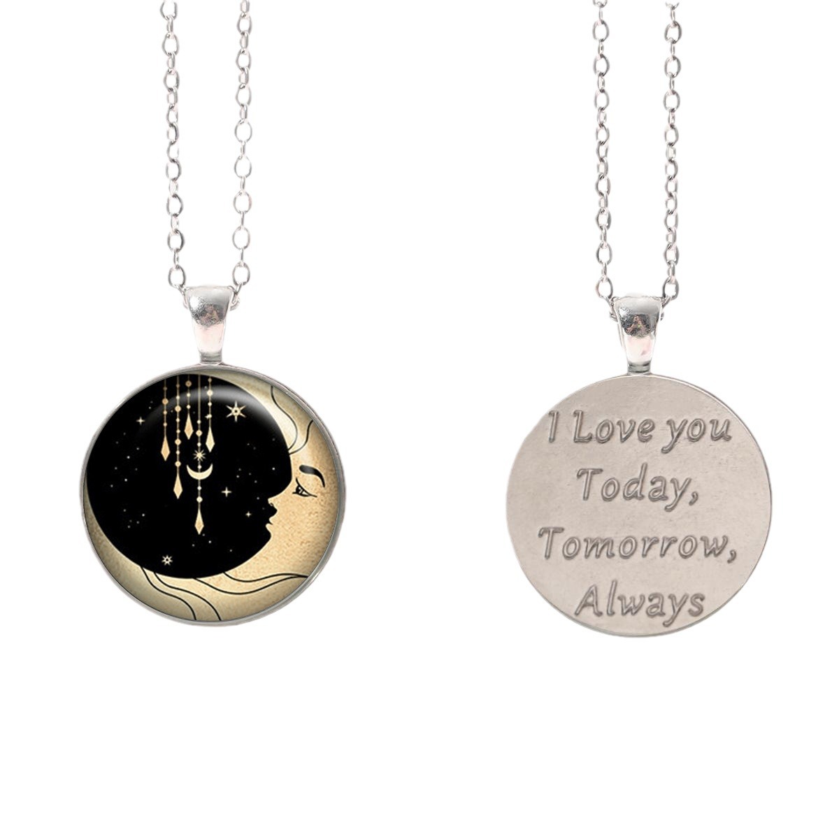 Collana con ciondolo fotografico in vetro rotondo in argento con stella luna moda, accessori per gioielli di moda regalo_voghion.com