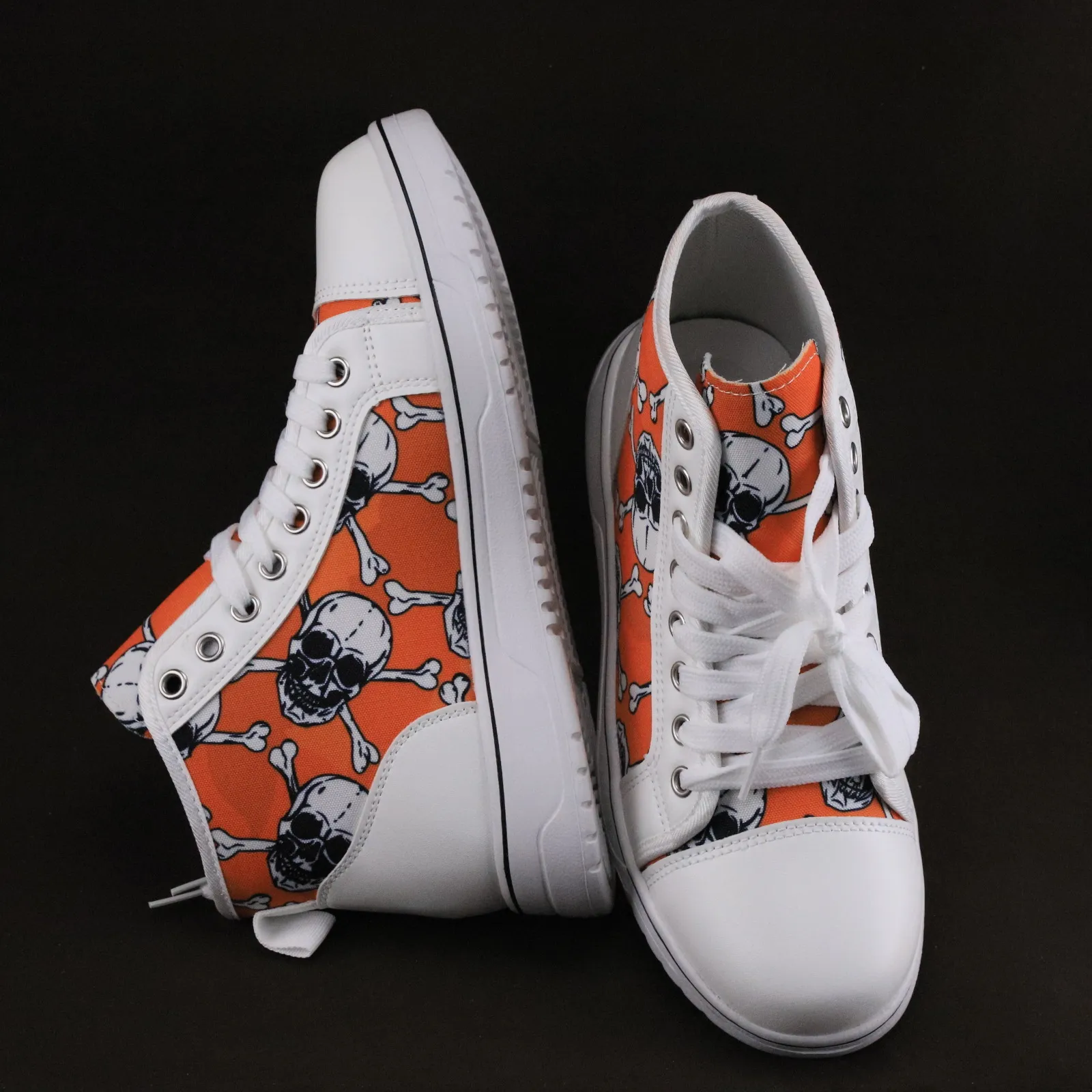 Grote Halloween schedelbot 3D geprinte hoge veterschoenen van canvas, platte bodem boardschoenen voor dames_voghion.com