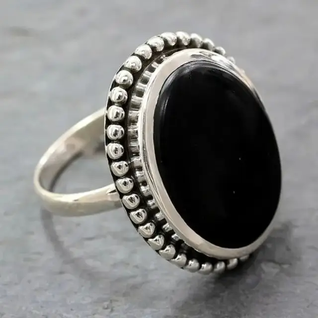 Moda Vintage Sier Renk Oval Siyah Taş Özgünlük Metal Oyma Desen Yüzükler Kadınlar İçin Takı_voghion.com