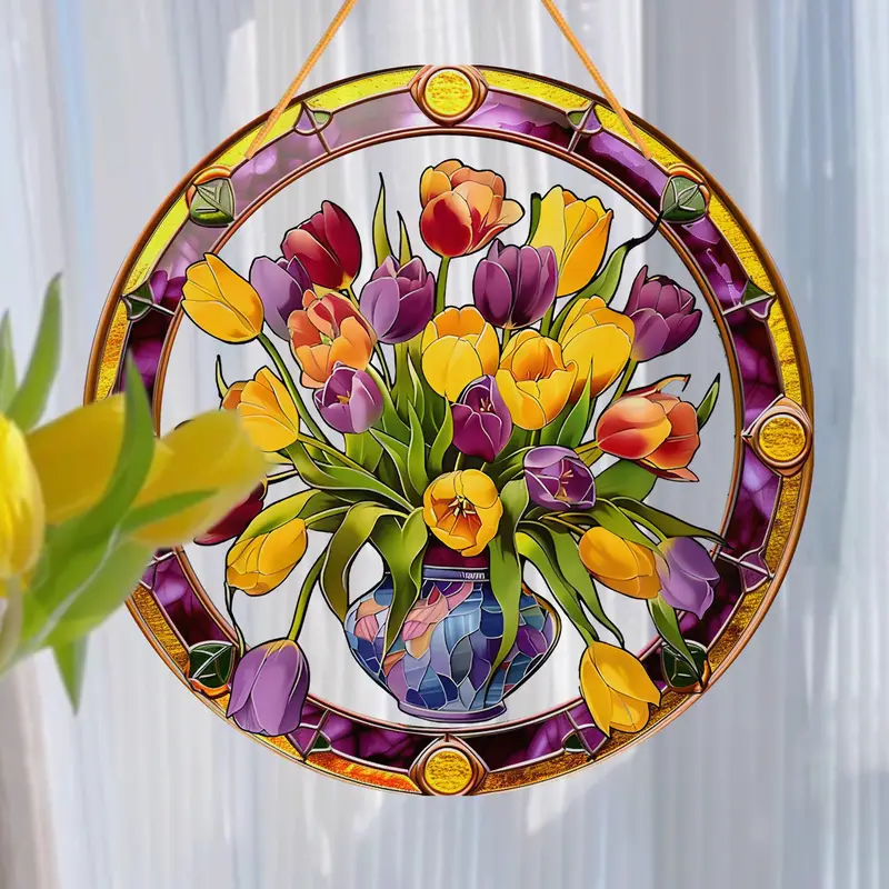 Attrape-soleil en forme de bouquet de tulipes - Art en acrylique sur vitrail de 20 cm. Décoration florale printanière pour porches ou pour une pendaison de crémaillère joyeuse._voghion.com
