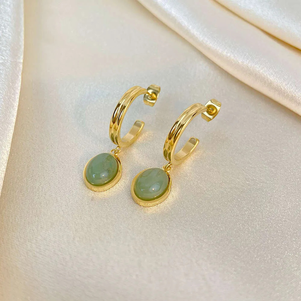 Grüner Aventurin Jade runder Anhänger Figaro Kette Edelstahl Halskette Ohrringe Set Vintage vergoldeter Schmuck für_voghion.com