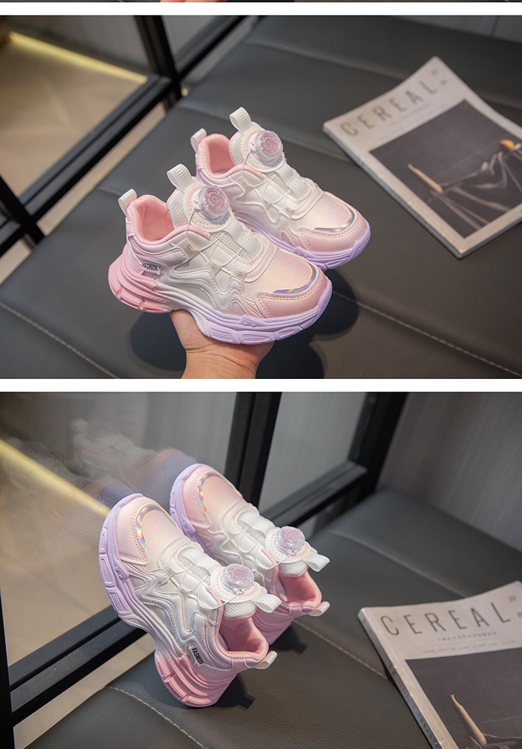 Girls' Sports 2024 Spring New Rotating Button Casual Single for Children Lightweight Anti slip Soft Sole Dad Shoes_voghion.com