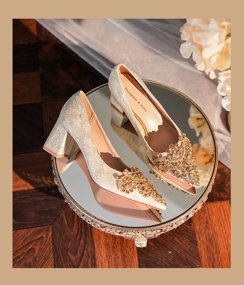 6555F-007 Dia Pointed Thick Women's High Heels Sequin Dress Red Wedding Bridal Single Shoes Goddess_voghion.com