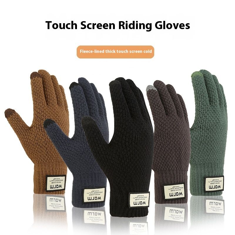 Gestrickte Handschuhe für Herren-Fahrradhandschuhe mit Plüsch und dicker Isolierung, winddichter Touchscreen im Winter, Strickhandschuhe_voghion.com