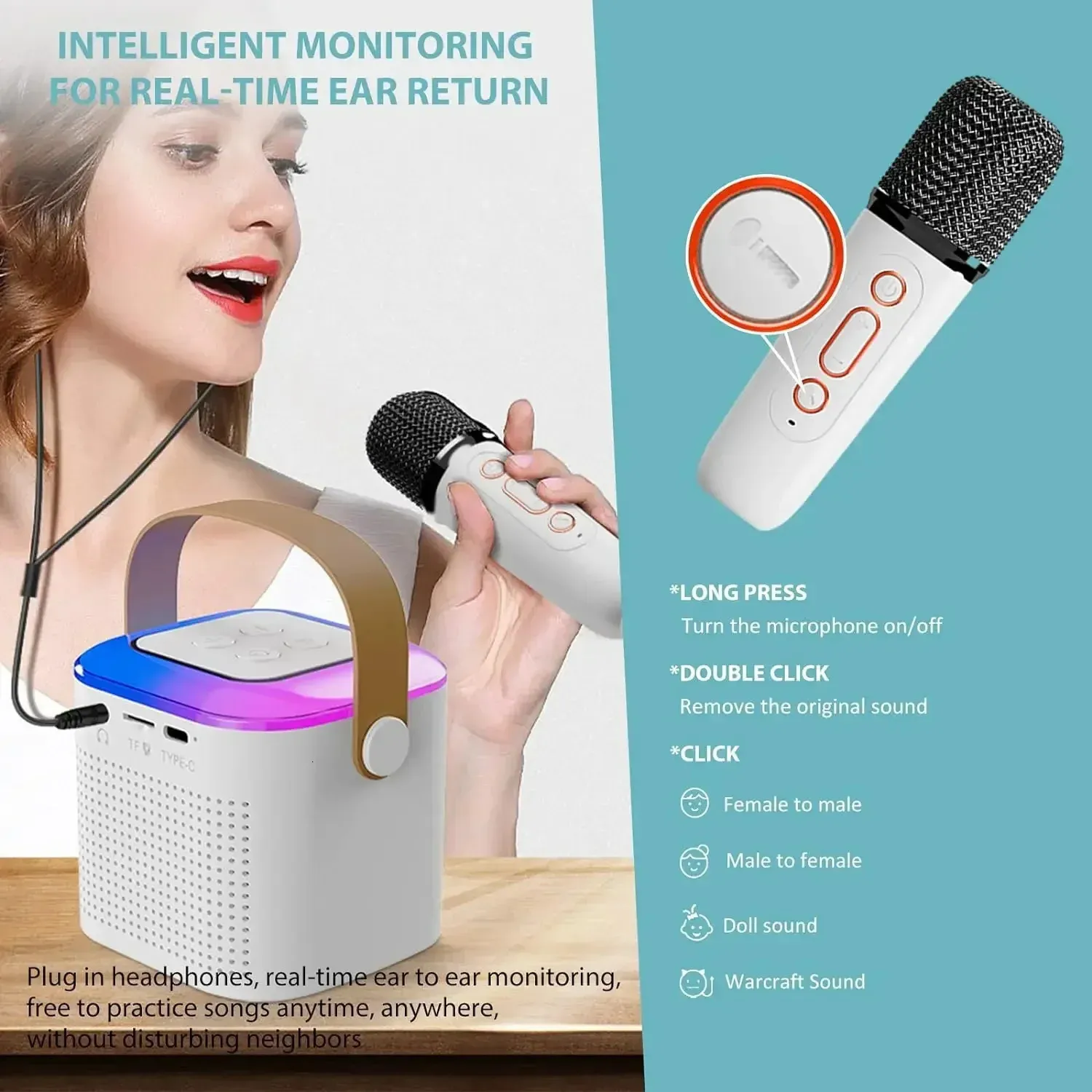 Microphone Portable Bluetooth Karaoke Speaker With 2 Wireless Handheled Microphones For Home Party 240621_voghion.com