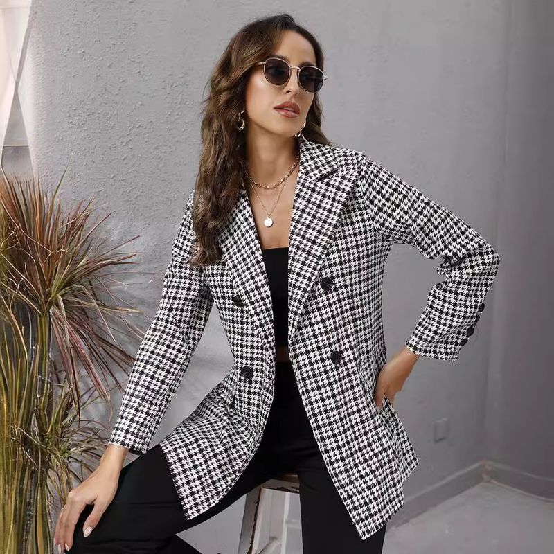 Veste à manches longues à revers pied-de-poule pour femme_voghion.com