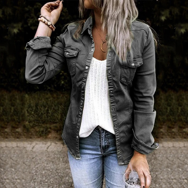 Langärmlige Jeanskleidung für Damen, mittellanges neues Jeanshemd für Damen_voghion.com