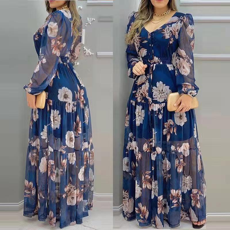 Women's Clothing New Long Printed V-Neck Chiffon Dress