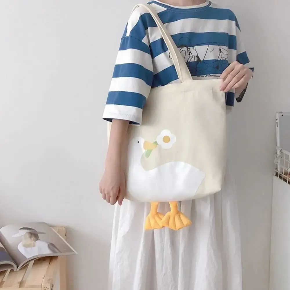 Neue warme Shopper süße Ente Papier Box Druck Casual Kai Baumwolle Canvas Einkaufstasche Y241109_voghion.com
