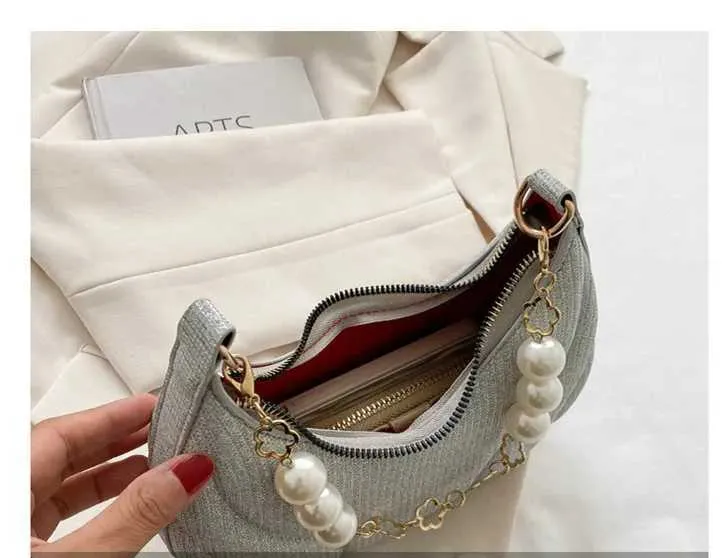 Sac à bandoulière simple en cuir PU pour femme avec chaîne en perles pailletées de couleur unie Ba241214_voghion.com