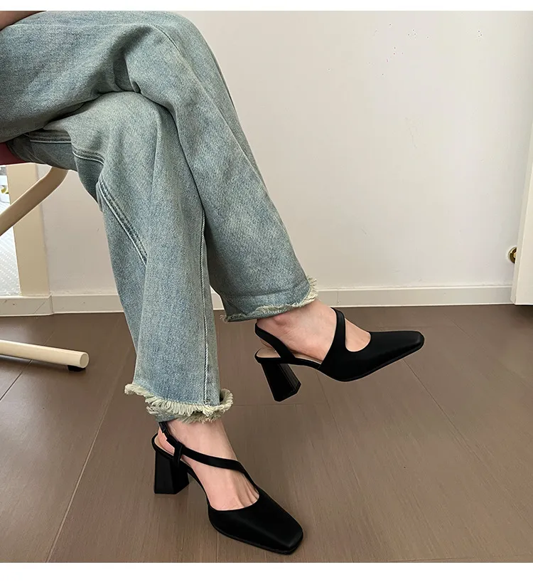 2024 Summer Thick Mary Jane Single Shoes Back Square Head Sandals Female Commuter One e Strap High Heels Free of Mail_voghion.com