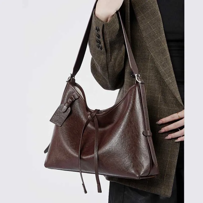 Toptrends Vintage Echtes Leder Große Unterarm Schulter Taschen Für Frauen 2024 Designer Einfache Weibliche Tote Hobo Damen_voghion.com