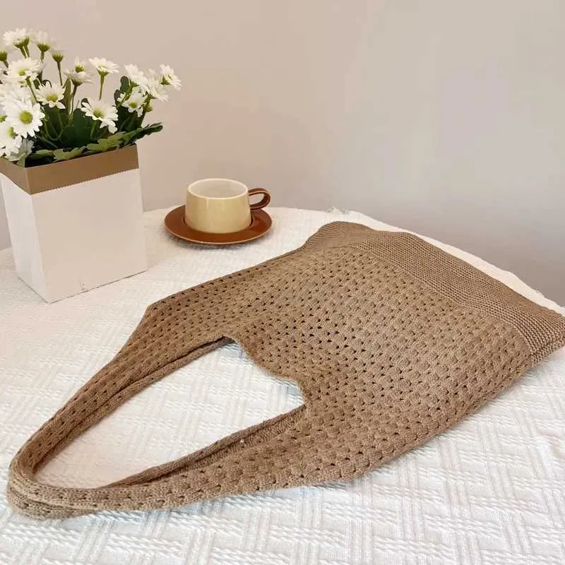 Borsa a mano lavorata a maglia da designer, grande portafoglio, estiva, da spiaggia, casual, da donna, con tracolla cava Y241011_voghion.com