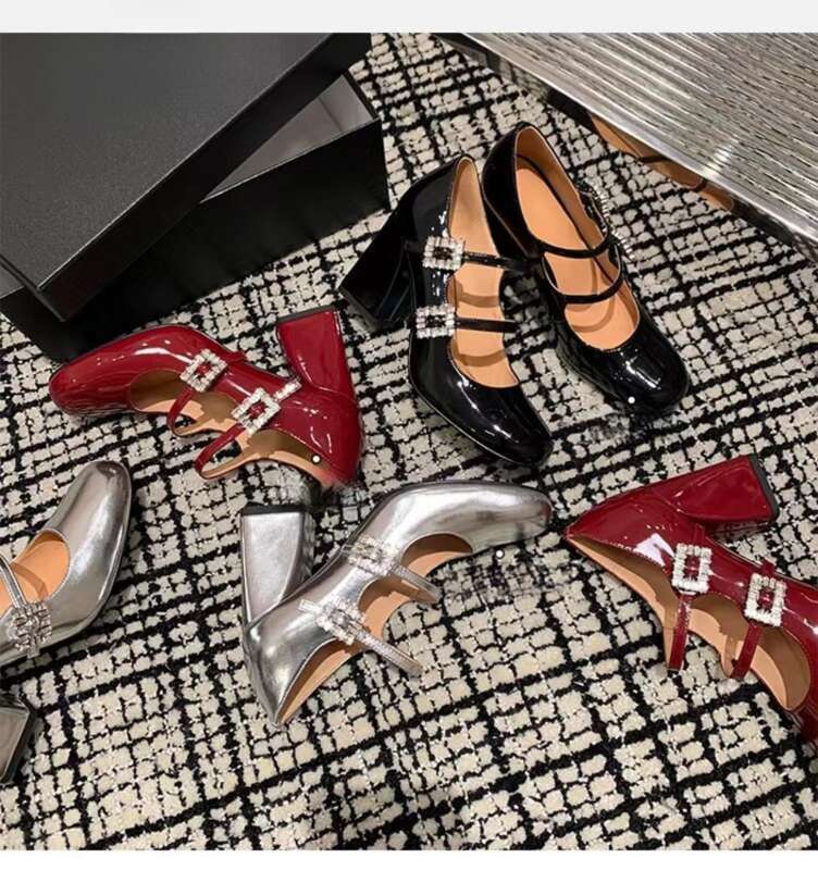French Rhinestone Chunky Mary Jane Shoes With Silver Heels_voghion.com