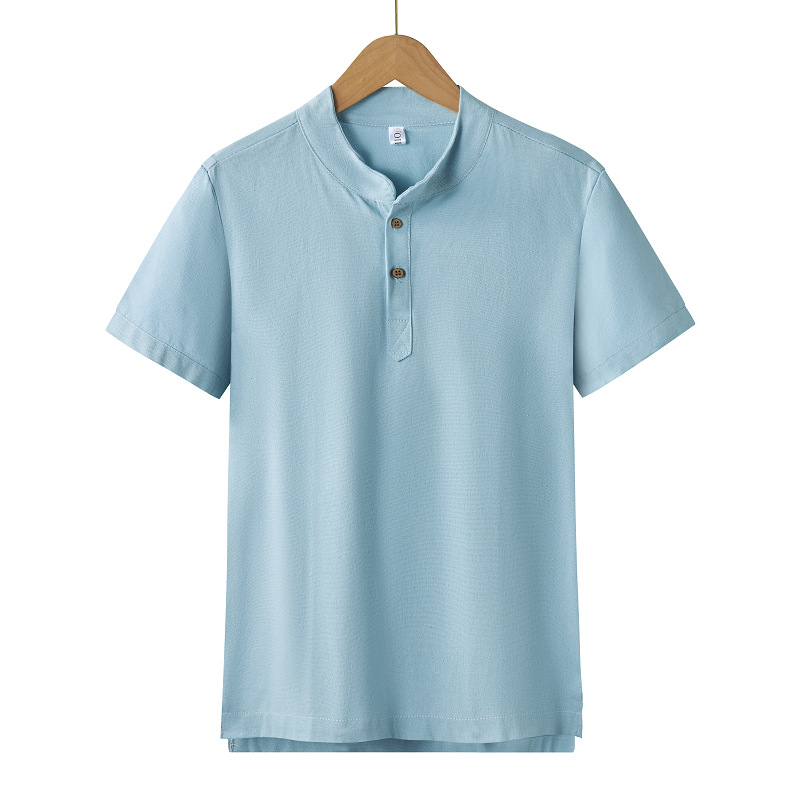 Men's Clothing  shirt solid color men's foreign trade men's summer men's cotton and linen casual shirt half placket stand collar new_voghion.com
