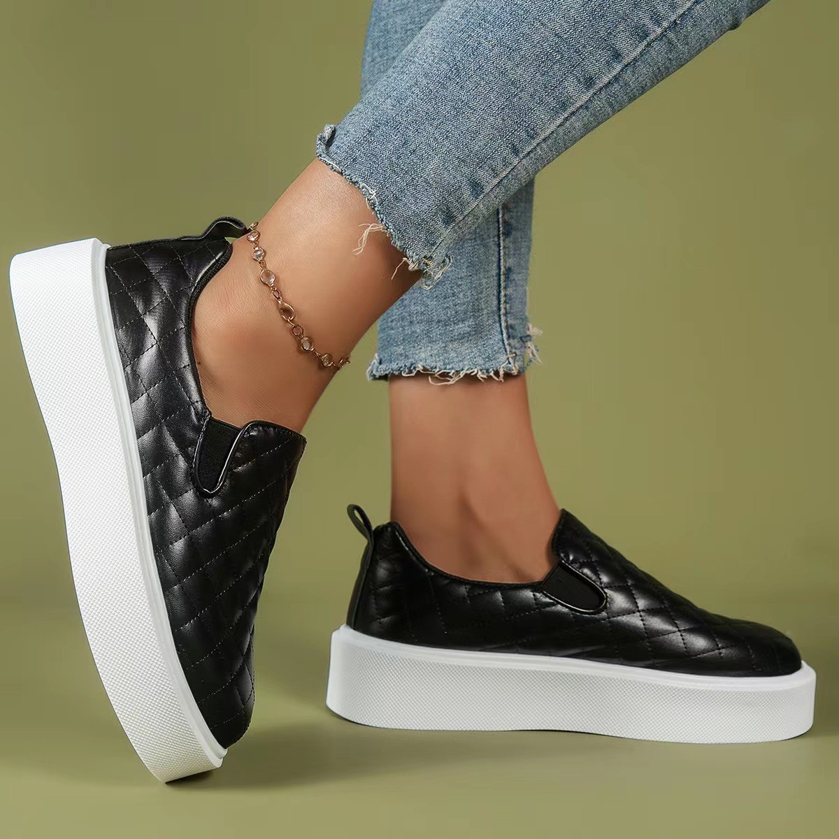 Damenmode große Größe flache flache runde Kopf niedrige karierte Einzelschuhe für Frauen einfache einfarbige Fußset faule Halbschuhe_voghion.com