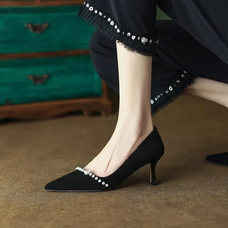 Damen Pumps Weiß Hochzeit High Spitzschuh String Bead Bootsschuhe Dünne Absätze Basic Pump Perlen Schwarz 2024 03c2_voghion.com