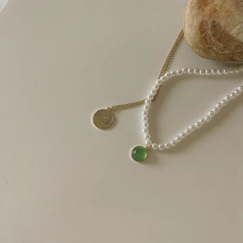 Hängshalsband 2 st/set Guldfärgad Pärla Mynt Grön Opal Halsband För Kvinnor Gotisk Kedja Dubbelskiktad Boho Halsband_voghion.com