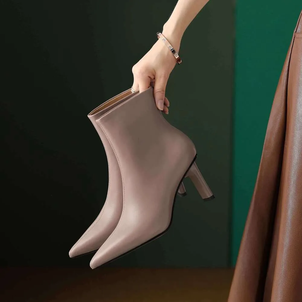 Cow Leather Pointed Toe High Heels Zipper Modern Warm Winter Shoes Concise Fashion Solid Elegant Ankle Boots_voghion.com