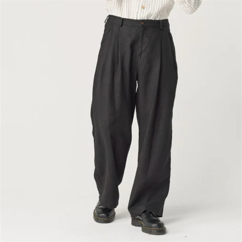 Men’s Clothing Men’s Wide Leg Linen Breathable Solid Color Pleated Pocket High Waist Casual Trousers