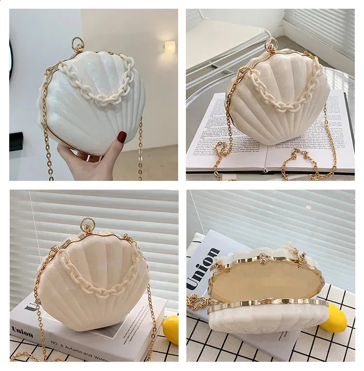 Pochette da festa a forma di conchiglia, elegante, da sera, a tracolla, per donna, con tracolla, borse e borsette chic 241105_voghion.com