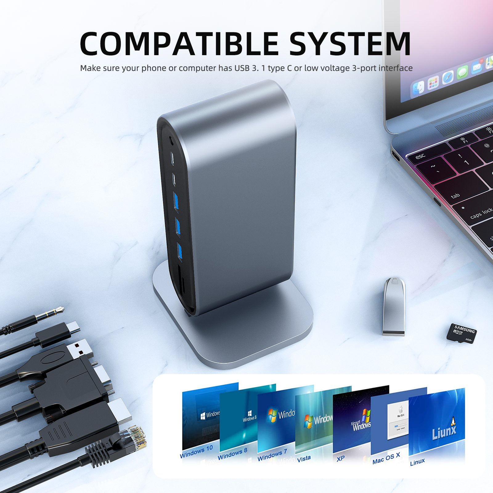 13 in 1 Usb Type C HUB USB C Vertical Dock Station 4K Thunderbolt Hub 3.0 TF SD Reader Ethernet Network for MacBook Pro/Air_voghion.com