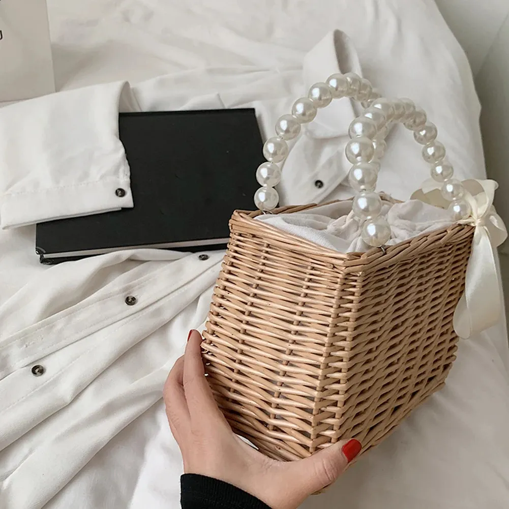 Damen Stroh und Handtaschen Sommer Rattan Handgemachte Tragetaschen Damen Bänder Sommer Strandkorb Perlen Reisetasche_voghion.com