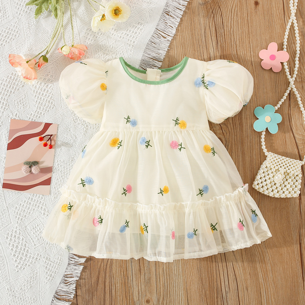 Summer Baby Clothes Puff Sleeve Flower Embroidery Beauty Bow Dress Children's Dress_voghion.com