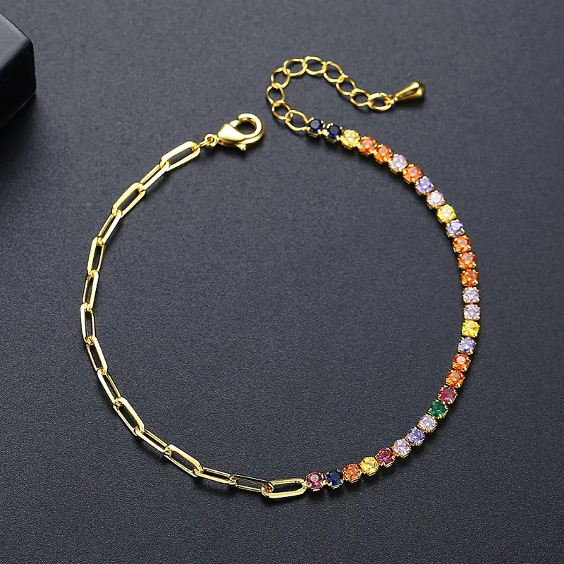 Link Armbanden Tennis Armband Voor Vrouwen Veelkleurige Regenboog CZ Kleurrijke Kubieke Zirkoon Paperclip Valentijnsdag Cadeau_voghion.com