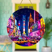 Neon City Night Acrylic Sign - 8" Round Window Art. Vibrant Party Decor For Holidays Or As A Stylish Gift._voghion.com