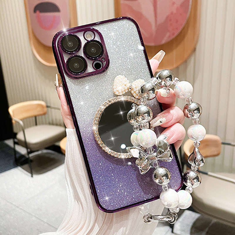 Bow Heart Bracelet Mirror Case For iPhone 15 13 11 12 Pro Max 14 Plus Glitter Flash Gradient Plating Cover_voghion.com