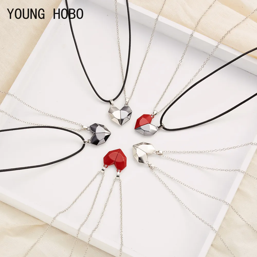 Colliers pendentifs HOBO 2Pcs/Lot Collier couple magnétique Amitié Coeur Distance Charme à facettes Femmes Saint Valentin_voghion.com