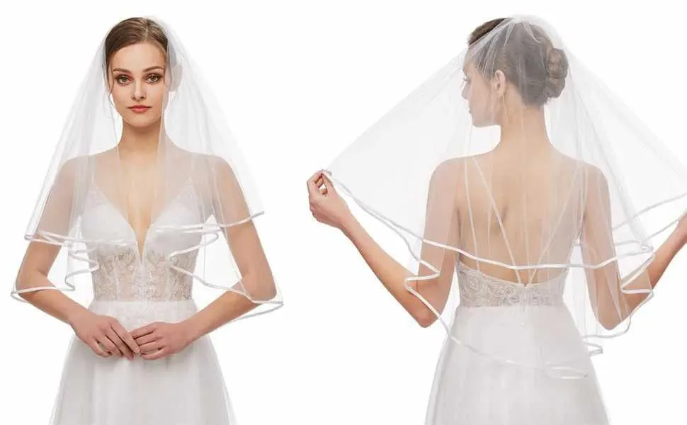Gioielli per capelli da sposa, da donna, semplici, in tulle, con velo corto e bordo in raso, con pettine, per matrimonio, addio al nubilato_voghion.com