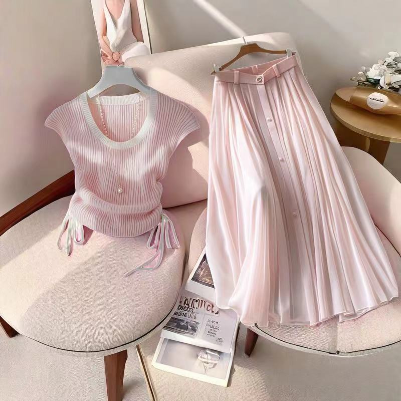 Costumes de mode pour femmes été nouveau style coréen style doux chic slim fit haut taille jupe deux pièces costume
